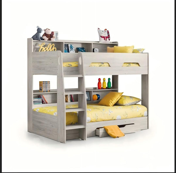 MODERN WHITE BUNK BED WITH STORAGE DRAWER AND SHELVES