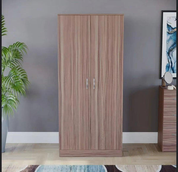 MODERN WOODEN 2 DOOR WARDROBE WITH HANGING RAIL & SHELF