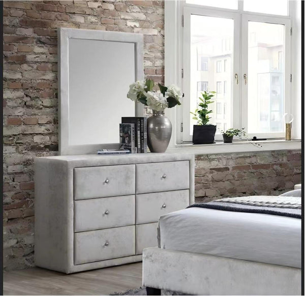 LUXURY UPHOLSTERED WARDROBE SET WTH SIX DRAWERS AD MIRROR STYLISH MODERN BEDROOM STORAGE